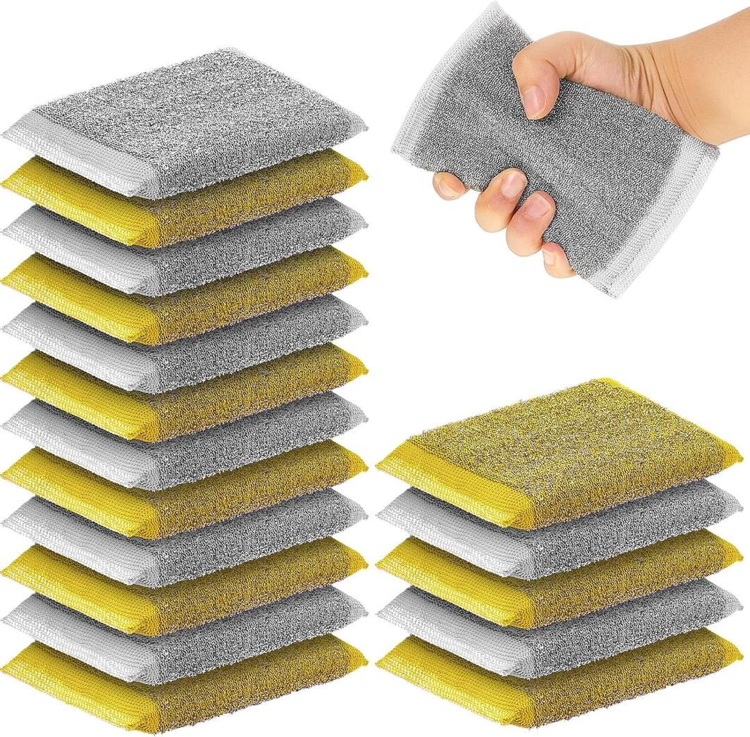 Thyle 12 Pack Steel Scrub Sponges for Dishes Non Scratch Scouring Sponge Multi Use Metal Scrubber Heavy Duty Dish Wash Kitchen Sponge for Pot Dish Washing Hard Surface Cleaning Tools (Gray,Yellow)