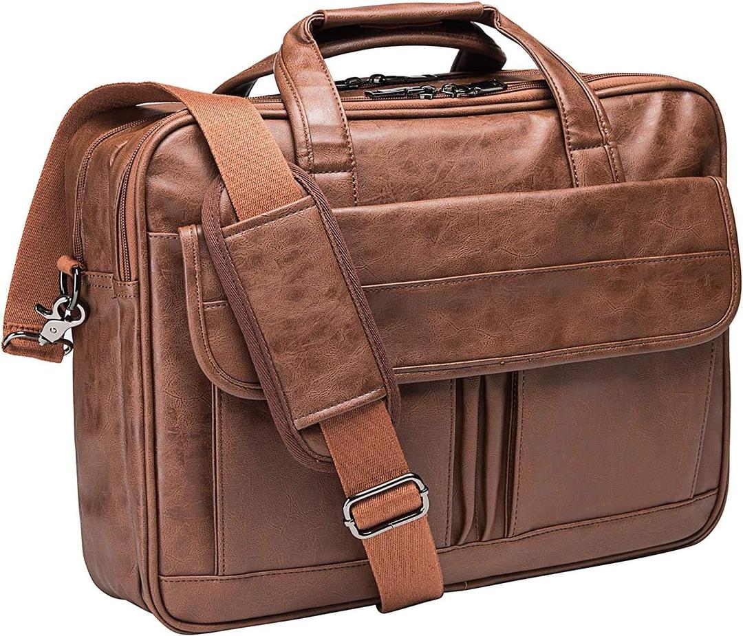 seyfocnia Men's Business Travel Briefcase Leather Handmade Messenger Bags Laptop Bag (17.3inch, Brown)