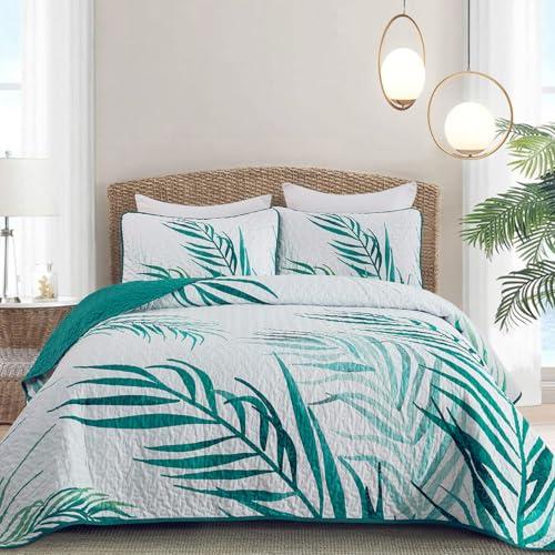 Quilt Set Queen Size Aqua Tropical Coastal Botanical Quilt Bedding Set, 3 Piece Lightweight Soft Microfiber Palms Tree Bedspreads Coverlet Set with 2 Pillowcases for All Season (Queen,96"x 90")