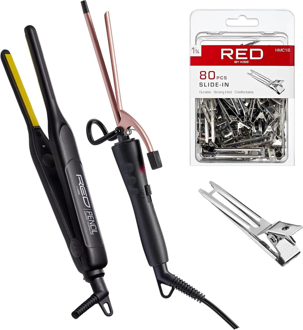 RED by KISS 3 Pcs Styling Set, 0.3 Ceramic Tourmaline Pencil Flat Iron, 1/4 Extra Small Curling Iron, 80pcs Slide-in Hair Clips, for Edges, Tight Curls, Twist Styles & Frizz Control On Short Hair
