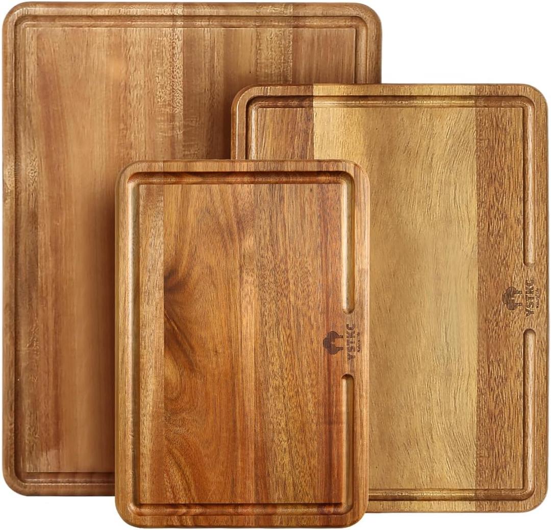 YSTKC Acacia Wood Cutting Boards Set of 3 PCS for Kitchen, Large Wooden Cutting Board Set with Handle, Thick Chopping Board, Butcher Block Wooden Trays for Meat, Fruit Vegetable and Cheese