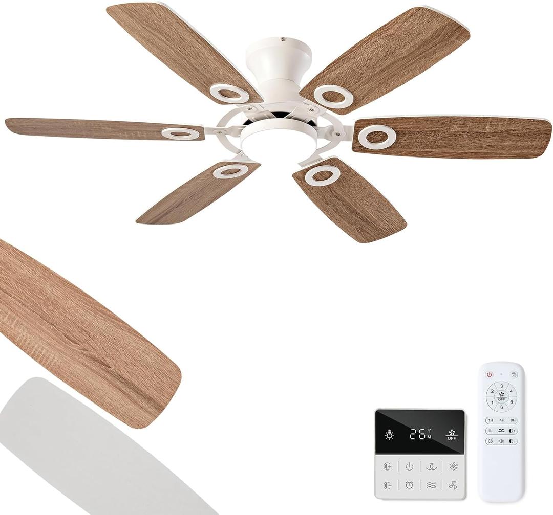 48 Inch White Ceiling Fans with Lights and Remote, Low Profile Flush Mount Modern Ceiling Fan with Light, 6 Blades, Dimmable, Reversible DC Motor, Indoor Outdoor Ceiling Fan for Bedroom Patio