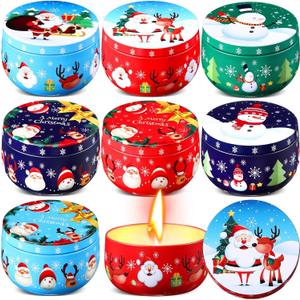 Mumufy 6 Pcs Christmas Cookie Tins 8 Styles Candy Tinplate Retro Tins Candle Tin Storage Containers Metal Cookie Jars Round Nesting Containers for DIY Candles, Dry Storage, Spices, Tea, Candy