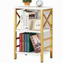 MNEETRUNG Small Bookshelf,3 Tier Industrial Bookcase with Metal Frame and Backboard,Low White and Gold Book Shelf,Book case for Small Spaces,Living Room,Bedroom and Home Office