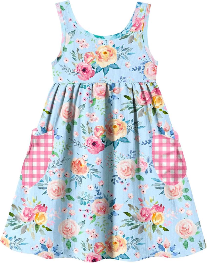 Vieille Little Girls Sleeveless Dress Cute Summer Sundress with Pocket 2-7 Years (Blue)