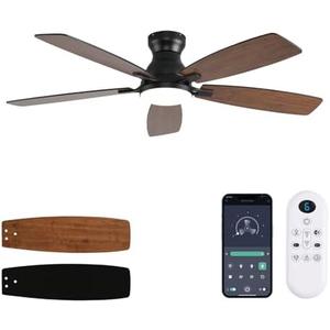 JSAITEE Ceiling Fans with Lights, 52 Inch Low Profile Ceiling Fan with Light and Remote Control, Flush Mount, DC Reversible Motor, Noiseless, Brown 6 Speeds Ceiling Fan for Bedroom