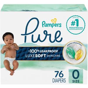 Pampers Pure Protection Baby Diapers, Size 0 (>10 lbs), 76 Count, Up to 100% Leakproof, Premium Plant-Based Skin Protection, Hypoallergenic Soft Diapers (Newborn)