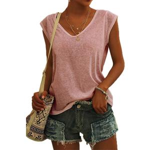 Womens Cap Sleeve T Shirts V Neck Casual Tops Oversized T-Shirt Summer Trendy Lightweight Loose Fit Basic Tees (Pink, XL)