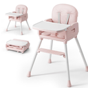 Obee Odee 3in1 Portable Baby High Chair for Babies and Toddlers, Convertible Easy Clean Infant Foldable Highchair with Adjustable Legs & Dishwasher Safe Tray, Pink