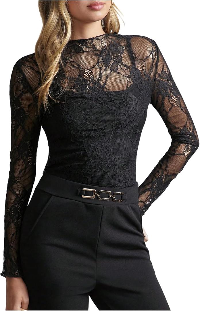 SOLY HUX Women's Floral Lace Mesh Tops Mock Neck Long Sleeve Shirts Slim Fitted Going Out T-Shirt (Black, S)