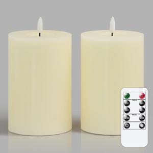 Flameless Flickering 4" x6" Real Wax Ivory Remote Candles with Candle Grease, Pack of 2 Timer LED Battery Operated Fake Warm Light Pillar Candles for Home, Banquet, Ceremony Decoration