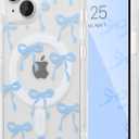 UEEBAI Magnetic for iPhone 14 Case & iPhone 13 Case, Bow Case Compatible with MagSafe, Wireless Slim Clear Ribbon Phone Cover Anti-Yellowing Shockproof Protective Cover for Women Girl - Baby Blue