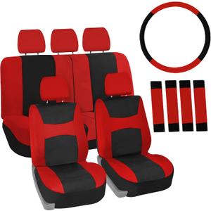FH Group Stylish Car Seat Covers Front Set and Rear Split Function with Steering Wheel Cover and Seat Belt Pads Combo Set Red Seat Covers Interior Accessories Universal Fit for Cars Trucks & SUVs