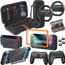 Switch 2 Accessories Bundle for Nintendo, 16-in-1 Game Kit: Carrying Case, Screen Protectors with Alignment Frame, Steering Wheels, Grips for Joycon Controller, Dockable Console Protective Cover Shell (Black (No Controller))