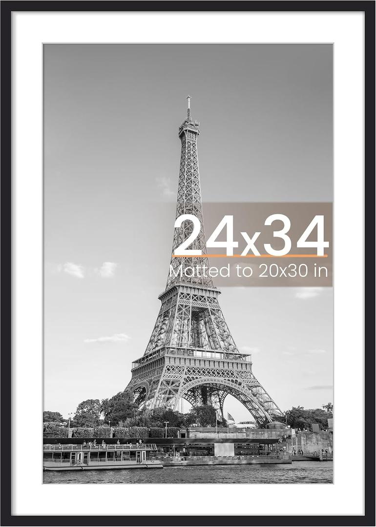 Upsimples 24x34 Poster Frame, Display Pictures 20x30 with Mat or 24 x 34 Without, Wall Hanging Picture Frames, Black, 1 Pack