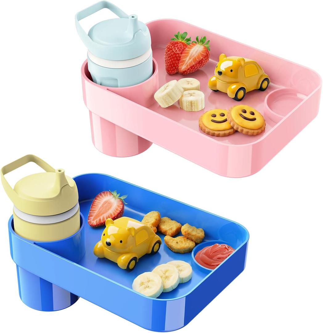 [Pink+Blue] Car Seat Snack Tray for Toddlers - 3 Inch Cup Holder Fits Most Sippy Cups & Straw Bottles with Dip Well, Mess-Free Square Kids Travel Tray Road Trip Essentials, Blue & Pink