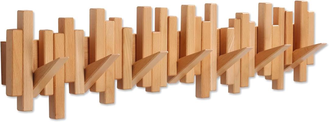 Wooden Coat Rack Wall Mounted Sticks Multi Rack Solid Handmade Natural Beech Wood Artwork with 7 Flip-Down Unique Modern Hooks for Coats Bag Hat Umbrella