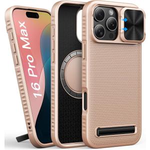 for iPhone 16 Pro Max Case with Kickstand, Slide Lens Cover, Slim Fit, Compatible with MagSafe, Military-Grade Drop & Camera Protection, Hard Magnetic Women Case for iPhone16 Pro Max, Rose Gold