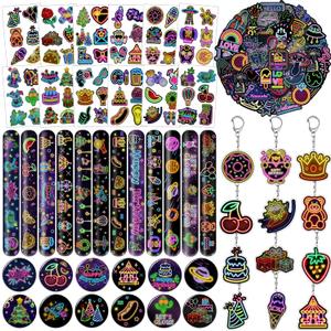 98 PCS Neon Party Favors, Neon Temporary Tattoos Slap Bracelets Stickers Badges Keychains for Neon Birthday Party Decorations Supplies for Classroom Rewards