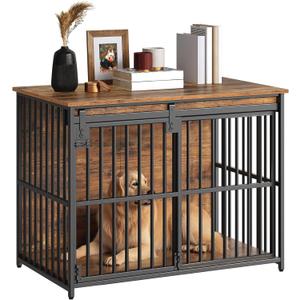 HOOBRO Dog Crate Furniture, 36.6" Heavy Duty Dog Kennel with Sliding Barn Door, Wooden Dog Cage Indoor, Decorative Side End Table for Small/Medium Dogs, Rustic Brown and Black FG162GW03G1