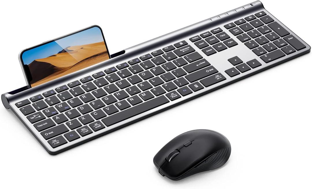 Samsers Wireless Keyboard and Mouse Combo, Ultra Slim Rechargeable Dual-Mode (Bluetooth 5.0x2 +2.4G) Silent Keyboard and Mouse Set, Multi-Device Full-Size Compact Design for MacOS/iOS/Android/Windows (Silver Black)
