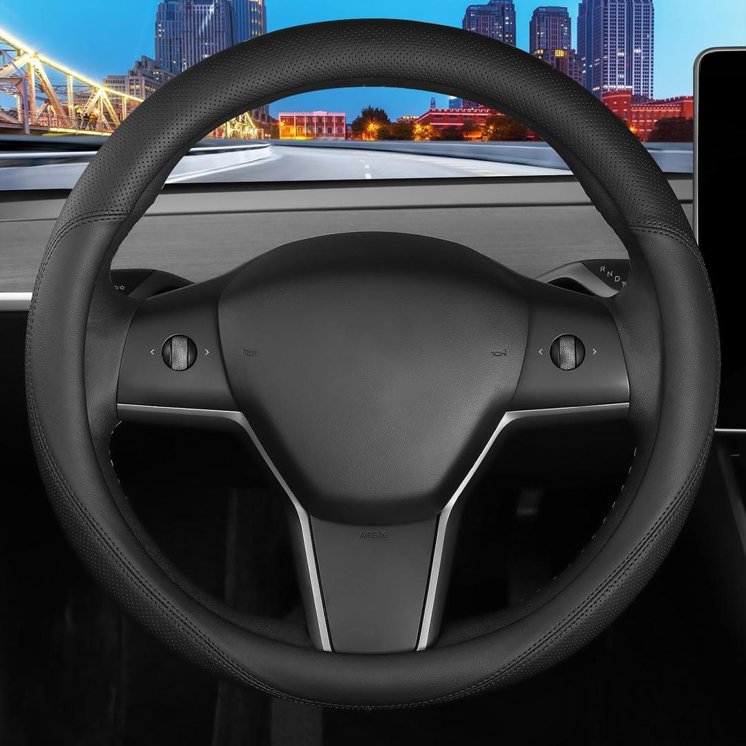Leather Steering Wheel Cover Custom-Fit for Tesla Model 3/Y 2016-2026, Comfort Grip Design Breathable and Non-Slip, Model 3/Y Car Steering Wheel Protector, Tesla Accessories,Black(A-Style, for Tesla)