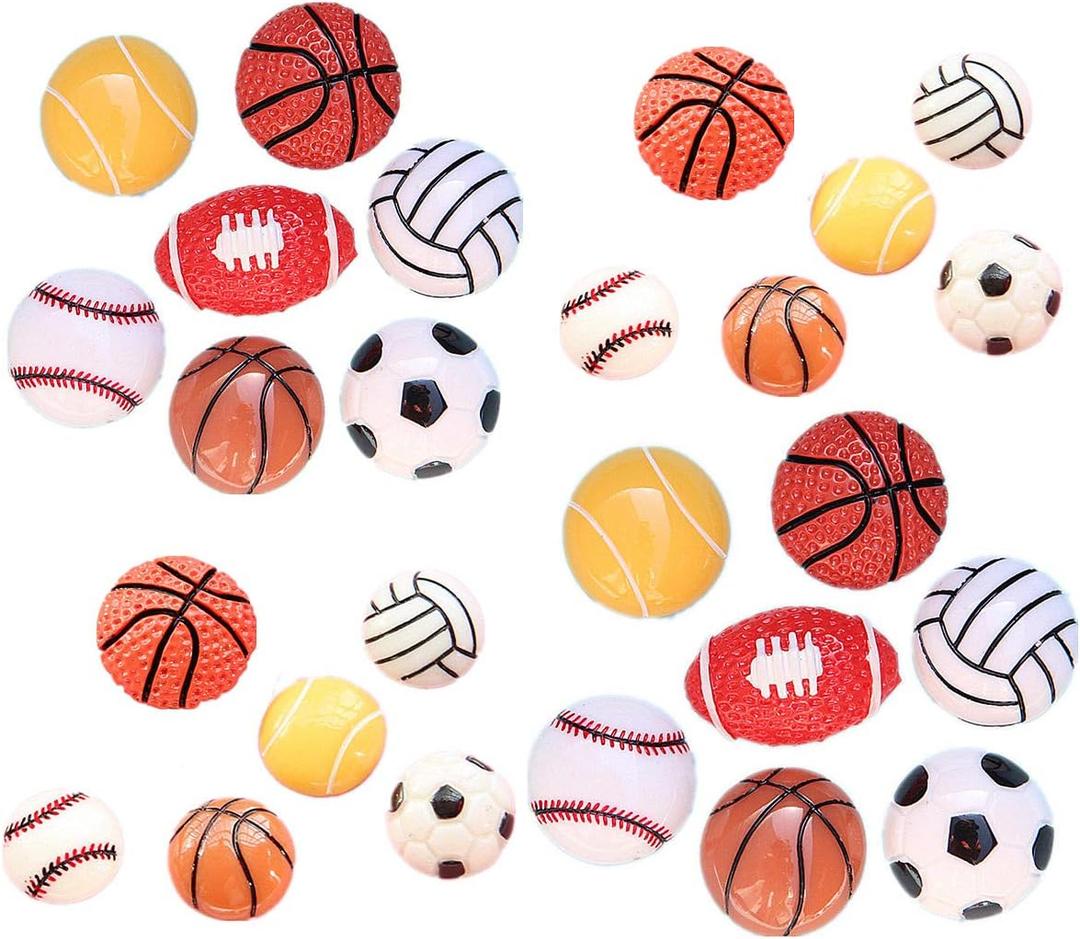26Pack Assorted Sport Ball Slime Charms No Clips Basketball Football Tennis Baseball Volleyball Resin Flatback Beads for Fairy Garden Accessories Scrapbooking Phone Case DIY