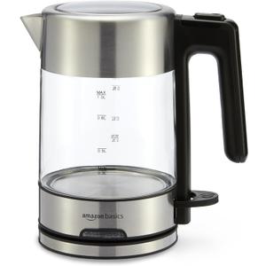 Amazon Basics Electric Kettle with Glass Carafe for Tea and Coffee, BPA-Free, Fast Boiling, Auto Shut-Off, 1.1 Quarts, 1500W, Glass and Steel