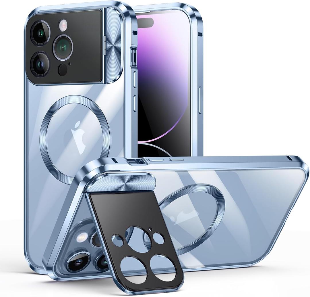 iPhone 15 Pro Case Double Sided Buckle, Compatible with Magsafe Magnetic Adsorption Metal Bumper, with Camera Cover, Full Body Protection Metal Bumper Case (Blue, iPhone 15 Pro)