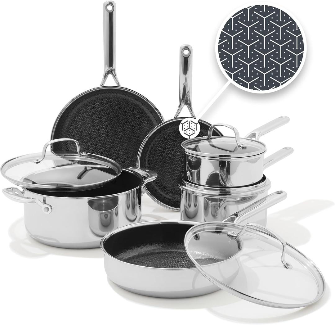 OXO Hybrid 10 Piece Cookware Pots & Pans Set, PFAS-Free Ceramic Nonstick, Fusion Boost Tech for Powerful Searing, Induction & All Cooktop Compatible, Dishwasher Safe, Mirror Polished Tri-Ply