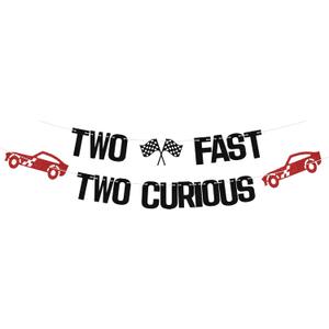 Two Fast Two Curious Banner - Boy's 2nd Birthday Car Theme, Racing Car Party Decor, Cheers to 2nd Birthday Celebration Supplies, Black and Red