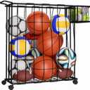Multi-Sport Ball Storage Cart with Side Basket for Gloves & Tennis; Gravity-Access Elastic Straps for Kids; Rolling Garage Organizer Rack for Basketballs, Soccer & Yoga Mats - Multi-Athlete Families
