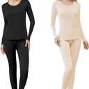 Panitay 2 Sets Women's Silk Thermal Underwear Set Mulberry Silk Long Base Layer Pajamas Top Bottom for Winter (Black, Beige) S