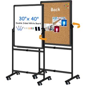Max-officoo Double Sided Whiteboard & Cork Board on Wheels 30"x40" Adjustable Height & Angle Mobile Magnetic Dry Erase Board with Rolling Stand