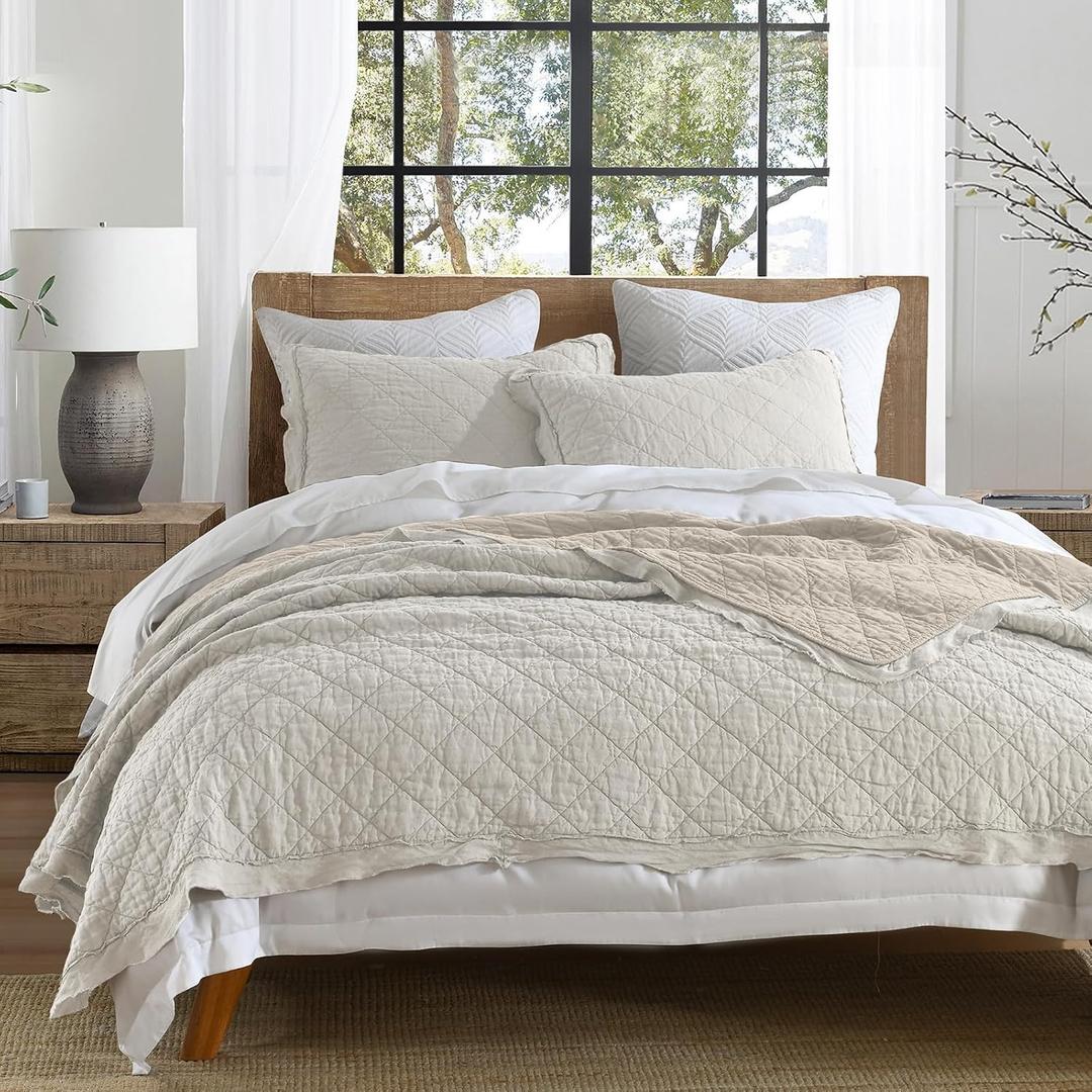 HORIMOTE HOME 100% Linen Front/100% Cotton Back Quilt Set King Size, Beige Pre-Washed European Flax Linen Quilt, Diamond Stitch Bedspread Coverlet Bedding Set 3-Piece for All Seasons