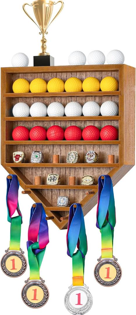 Golf Ball Display Case with Championship Rings Medals Holder, Solid Wooden Wall Mount Golfball Storage Box for Collectors and Autographed Balls, Rings, Medals, Trophies Brown