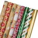 LaRibbons Christmas Wrapping Paper Rolls, 30Inch × 10Feet, 8 Rolls: 200 sq.ft.ttl, Kraft Reindeer Snowflake Santa and Classic Stripes Matte Gold Gift Wrap Bundle for Xmas, Holiday, Party, Celebration