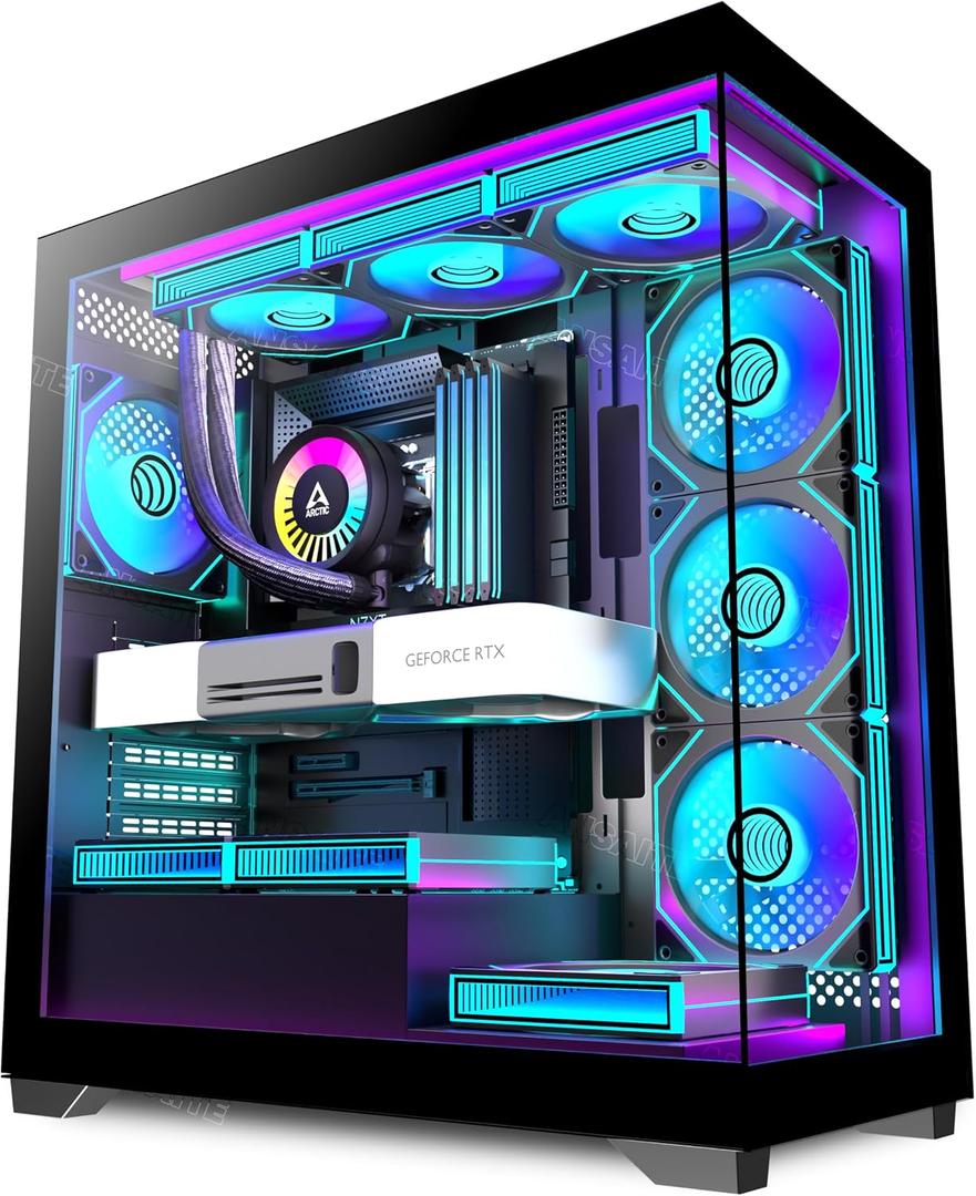 PC CASE 7 PWM ARGB Fans Pre-Installed, Mid-Tower Gaming PC Case, Panoramic Tempered Glass Computer Case with Type-C,360mm Radiator Support,Black,C9