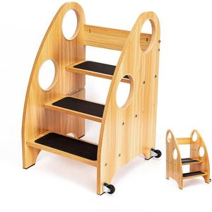 StrongTek Kids Step Stool, Step Ladder with Wheels & Safety Handles, 3-Tier Wooden Toddler Standing Tower, Convertible Chair with Non-Slip Steps, 350 lbs Capacity for Kitchen & Bathroom