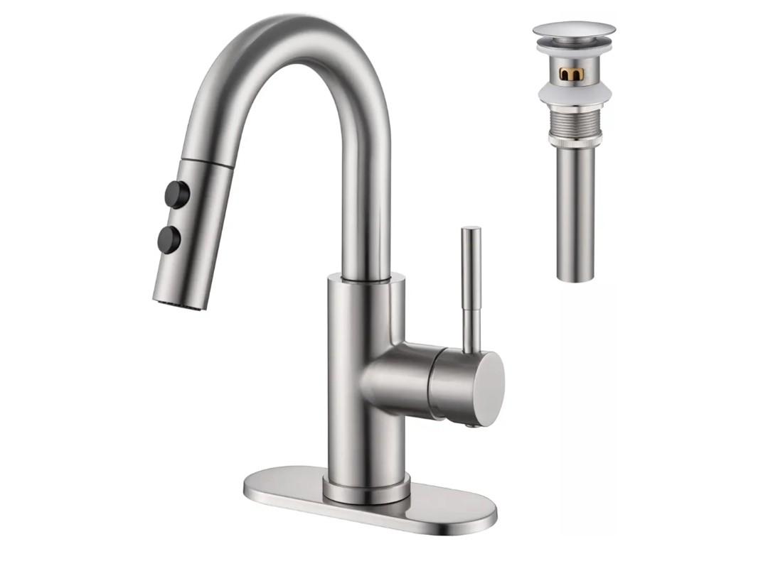 Bathroom Sink Faucet with Pull Down Sprayer, Brushed Nickel Single Handle Pull Out Faucet with Pop-Up Drain, 1 or 3 Hole Laundry Bar Basin Faucet with Deck Plate, KBL-7002BN-CL