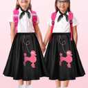 1950s Kids Poodle Skirt 50s Sock Hop Costume with Shirt Scarf Headband Earrings Glasses Socks (Black)