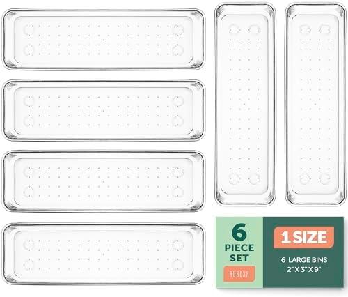 RUBOXA Clear Plastic Drawer Organizers Set, 4 Sizes Clear Drawer Organizers & storage Bins for Makeup/Jewelry Vanity, Kitchen Gadgets Or Office Desk. Bathroom Drawer Organizer Trays (CLEAR, 6)