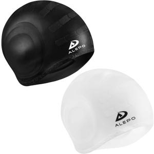2 Pack Unisex Swim Caps with 3D Ear Protection, Durable Flexible Silicone Swimming Hats for Women Men Kids Adults, Bathing Swimming Caps for Short/Long Hair with Ear Plugs&Nose Clip (White)