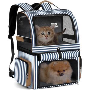 Lekebobor Cat Backpack for 2 Cats - Double-Compartment Pet Carrier for Two Small Cats or One Medium Dog, Fits Up to 24 Lbs, Blue Striped