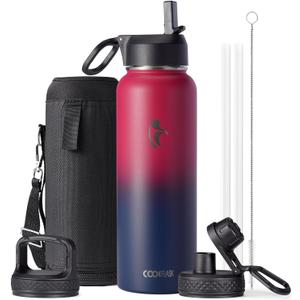 Water Bottle 40 oz Insulated with Straw&Brush, Coolflask Vaccum Stainless Steel Metal 3 Lids Water Flask for Sports, Gym or Office, Keep Cold 48H Hot 24H, Ombre /Navy