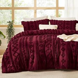 Bedsure Tufted Boho Comforter Set California King - Dark Red Boho Bed Set, GentleSoft 3 Pieces Farmhouse Shabby Chic Embroidery Bedding, Gifts for Woman, Soft Jacquard Comforter for All Seasons