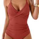 B2prity Women's One Piece Swimsuits Tummy Control Front Cross Bathing Suits Tie Back Slimming V Neck Swimwear Brick Red.S