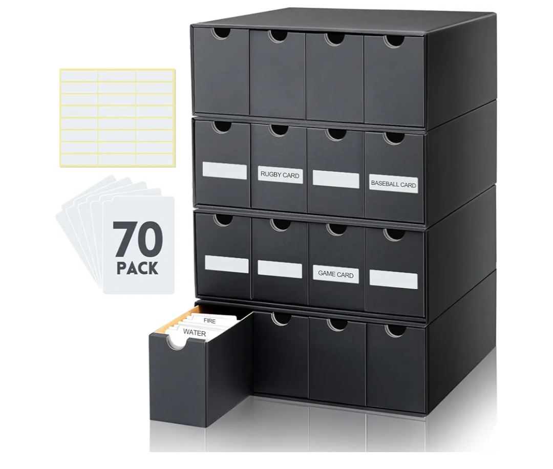 Cholemy Trading Card Storage Box Card Organizer 15000+ with 70 Cardboard Storage Divider, Label Sticker for Collection Compatible with Tcg, Sport Cards(4 Row, 4 in A Row, Black)