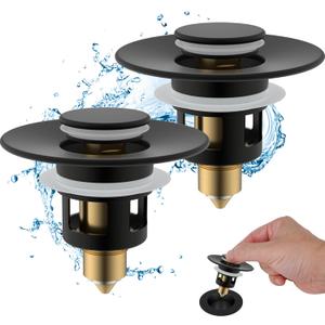 Hibbent 2 Pack All Metal Universal Bathroom Sink Stopper for 1.1''~2.3'' Basin, Pop Up Sink Drain Strainer, Brass Bullet Core Push Type Stopper, Stainless Steel Anti Clogging Drain Filter, Matte Black