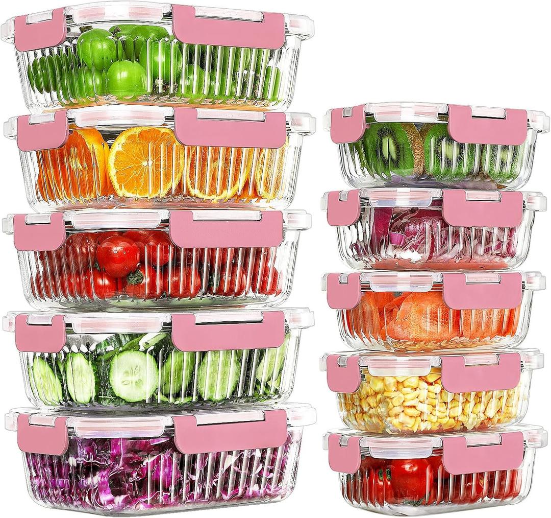 10 Packs Glass Meal Prep Containers with Lids, Glass Food Storage Containers Set, Airtight Lunch Containers, Microwave, Oven, Freezer and Dishwasher Safe, Pink